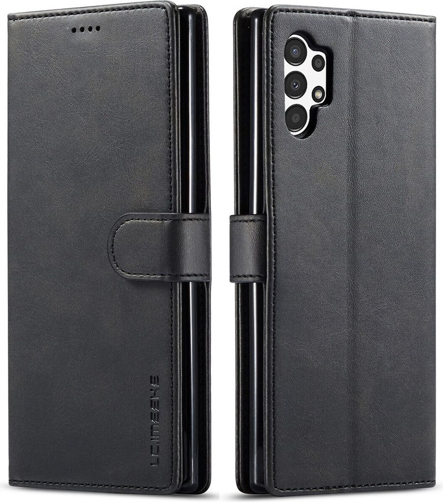 A black leather flip case for a Samsung Galaxy A13 4G phone is shown from both the front and back.