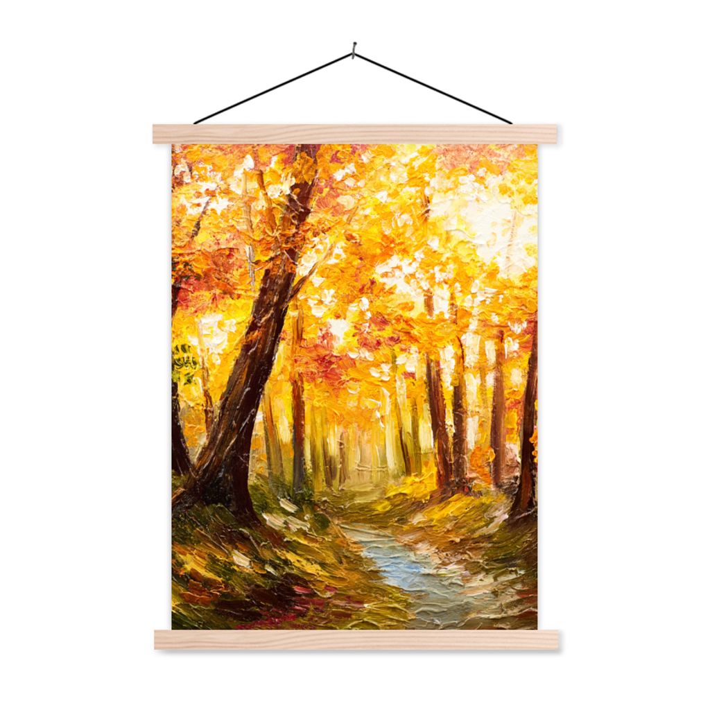 MuchoWow Textilposter Gemälde - Herbst - Wald - Ölgemälde 60x80 cm mit holzfarbenen Rahmen - Wandbild