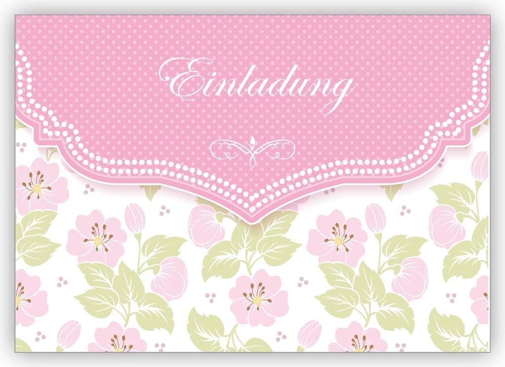 Schöne Einladungskarte mit zartem Blüten Muster in rosa zur Hochzeit, Taufe, Diner etc: Einladung