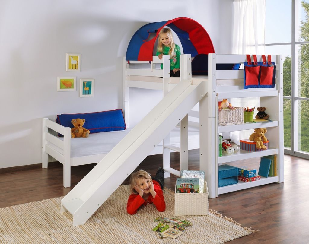 Etagen- bzw. 2. Einzelbetten Beni Buche massiv Weiß lackiert mit Rutsche 90x200