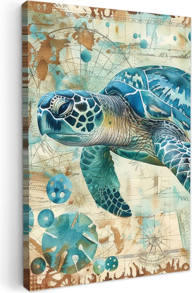 MuchoWow - Leinwandbilder - Vintage - Schildkröte - Meerestiere - Aquarell, Wandbild, Wanddeko Bilder Wohnzimmer, 20x30 cm