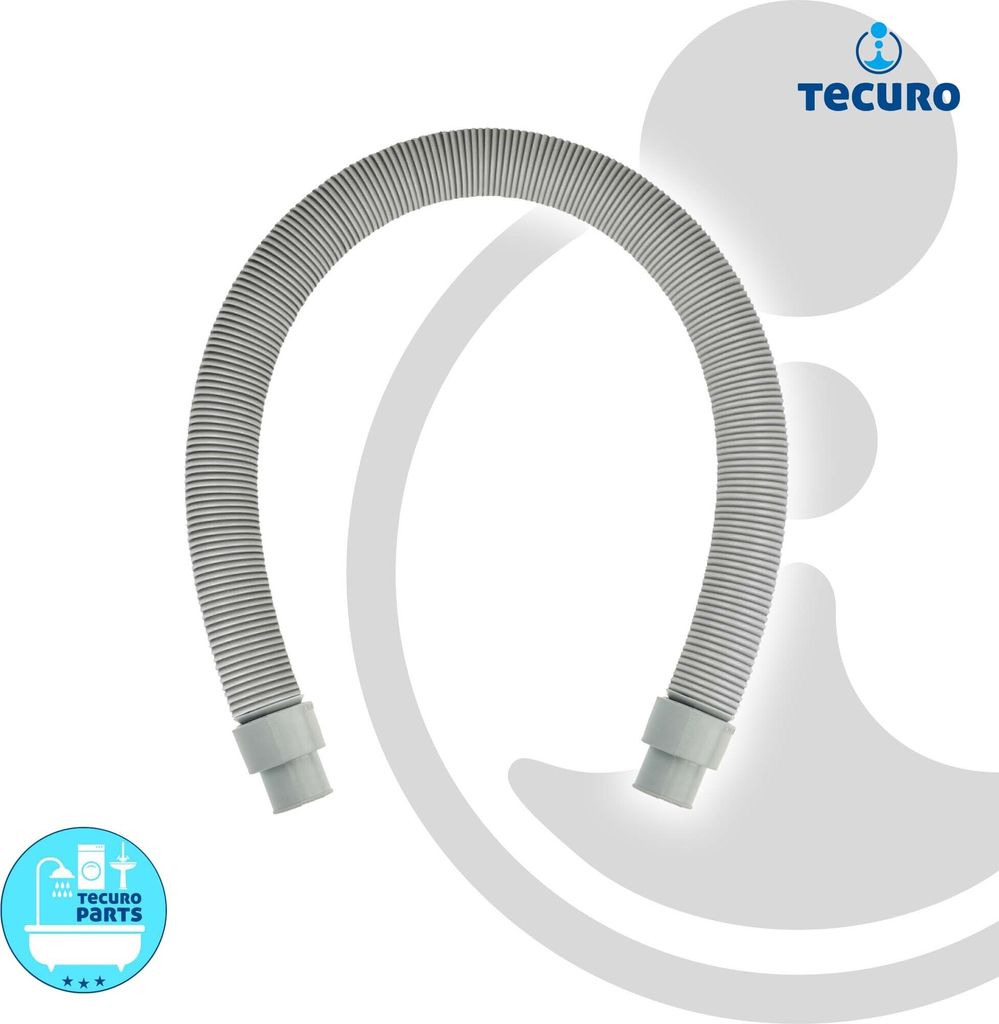 A flexible gray hose with gray connectors, presented on a white and light gray background with circular graphic elements.