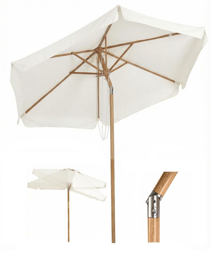 Sekey Balkonschirm 200 cm Ø Holzoptik, Knickbar, Stabiler Gartenschirm, UV-Schutz 50+, Sonnenschirm für Terrasse und Hof, Creme
