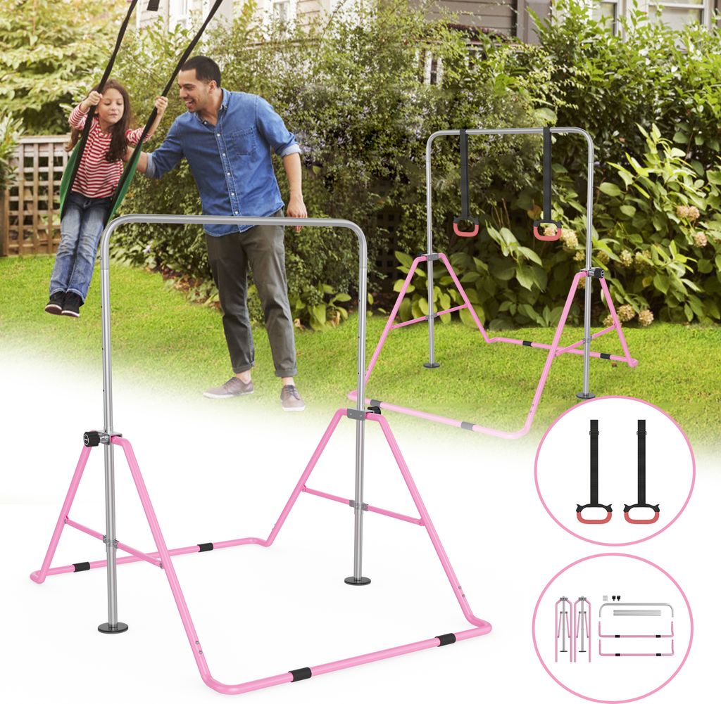 UISEBRT Höhenverstellbare Gymnastikstange für Kinder, Faltbare Reckstange für Indoor und Garten, Turngeräte in Rosa mit Zugring, Belastbar bis ...
