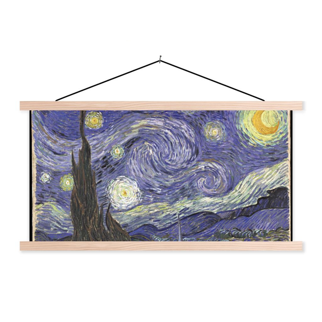 MuchoWow Textilposter Sternennacht - Vincent van Gogh 120x60 cm mit holzfarbenen Rahmen - Klemmleiste