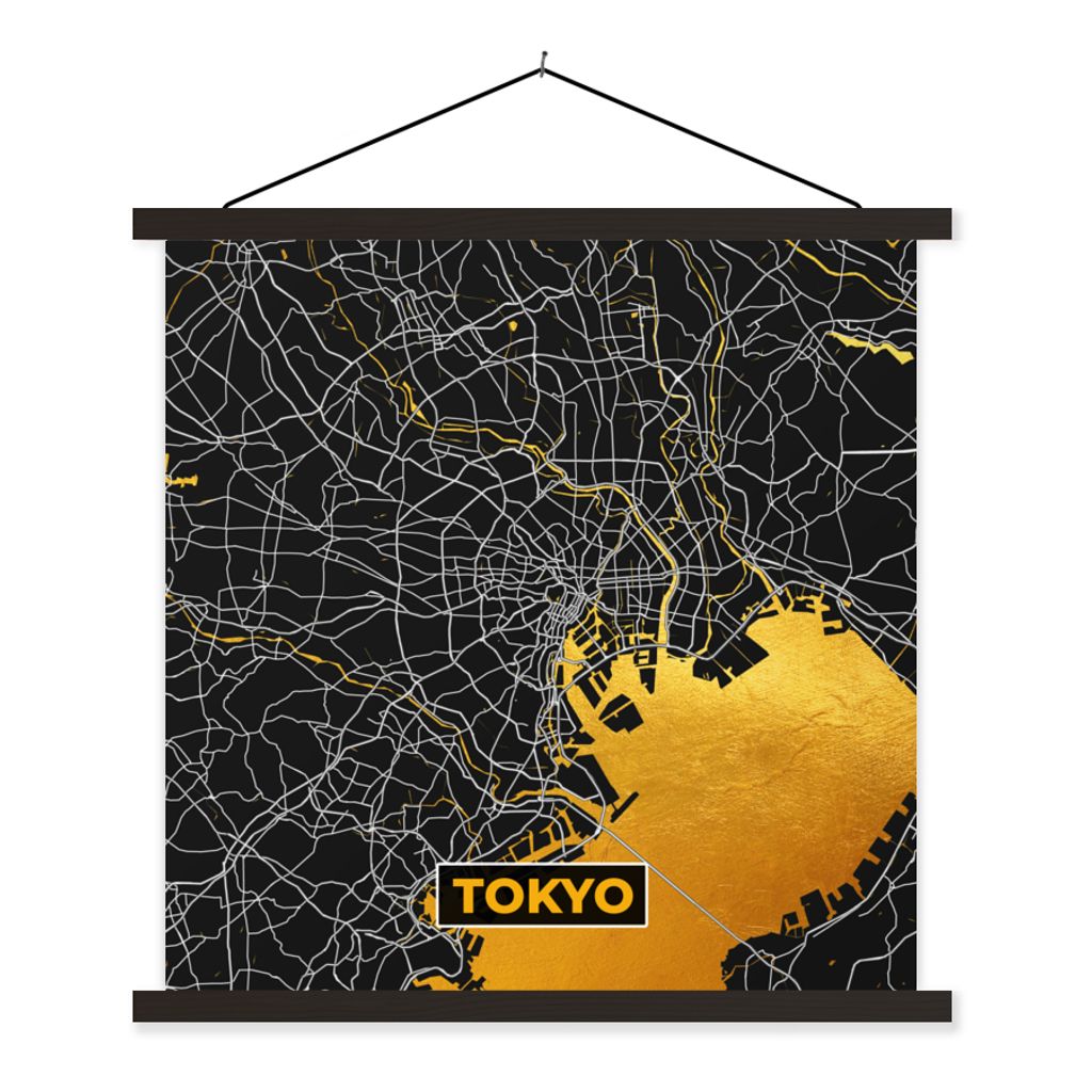 MuchoWow Textilposter Tokio - Stadtplan - Gold - Karte 90x90 cm mit schwarzem Rahmen - Magnetisches