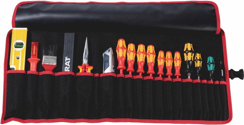 A tool roll bag filled with various tools, laid out flat.