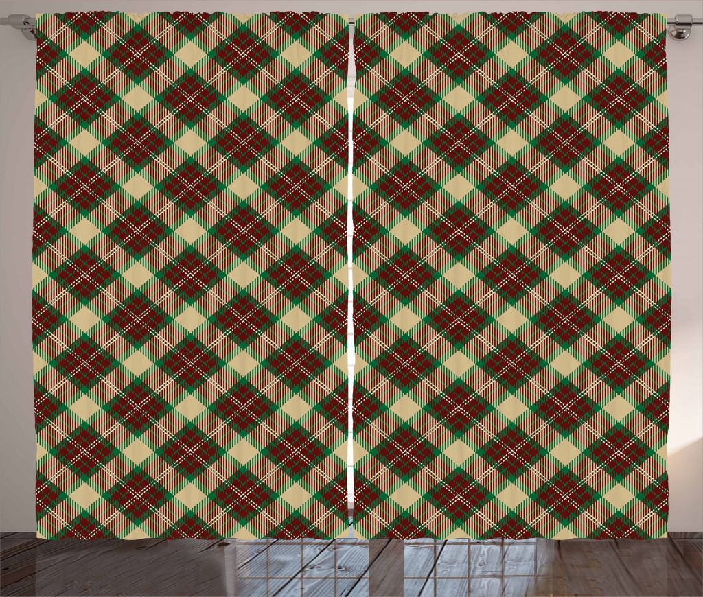 ABAKUHAUS Plaid Rustikaler Gardine, Diagonal Squares Klassik, Schlafzimmer Kräuselband Vorhang mit Schlaufen und Haken, 280 x 245 cm, Beige Grün ...