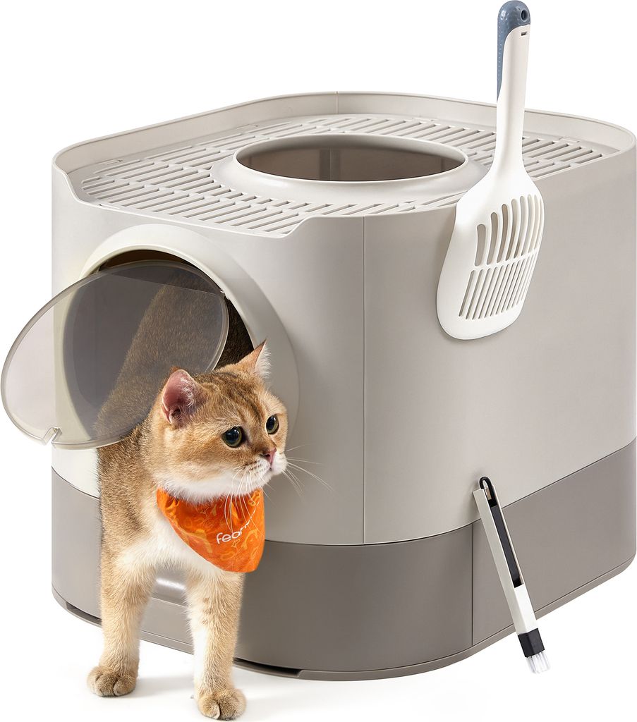 Feandrea Katzenklo, Katzentoilette XXL, mit Deckel, ausziehbares Tablett, für große Katzen Haferflockenfarben