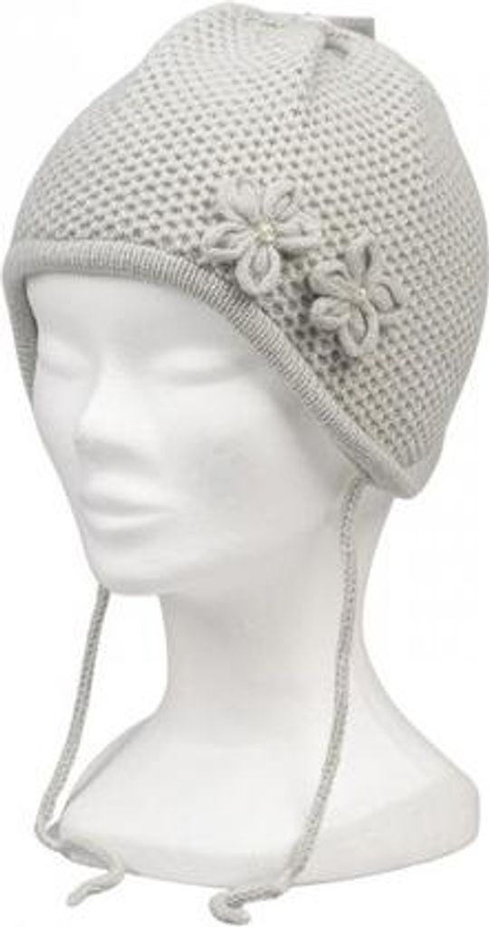 P&T Baby Hut 2 Blumen - Weich & Warm - Hellgrau - Größe 43-45