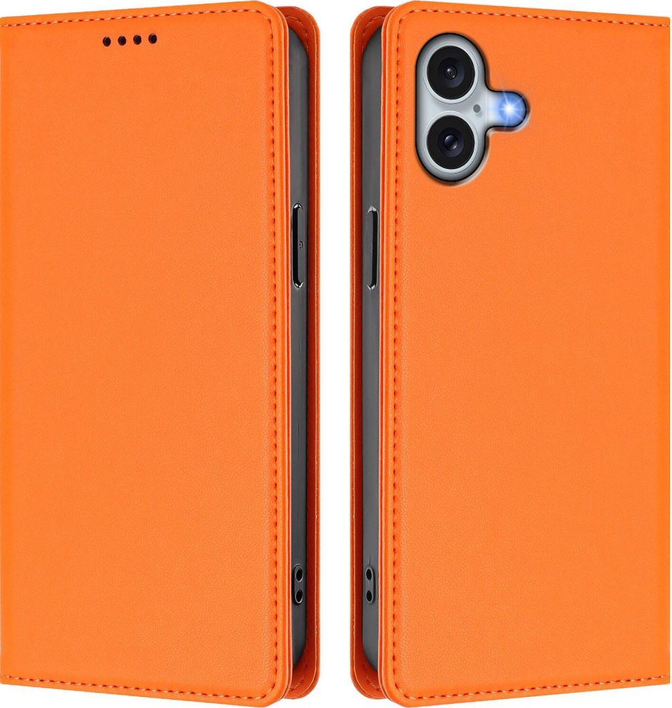 Handyhülle für iPhone 16 Plus, Kunstleder Klapphülle Stoßfeste Magnetische Hülle mit Ständer Orange
