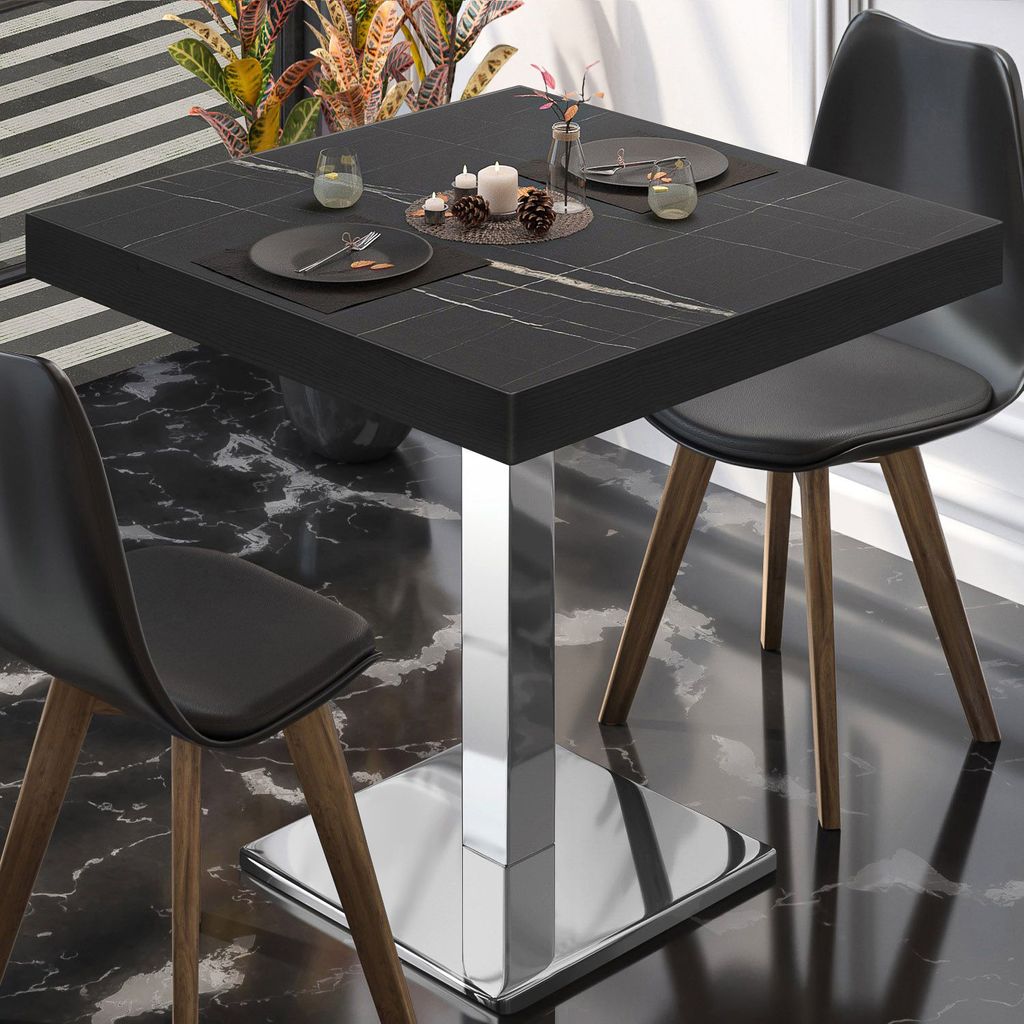 BM | Bistrotisch | B:T:H 60 x 60 x 77 cm | Schwarz Marmor / Edelstahl | Quadratisch | Schwarzer Rand | Bistro Tisch Esstisch