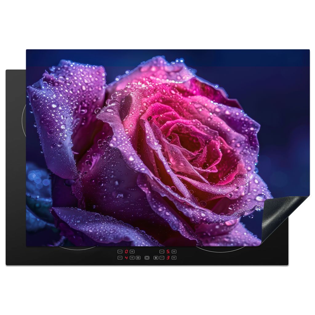KitchenYeah Herdabdeckplatte Blume - Rose - Regentropfen , 75x52cm, Küche Deko, Glaskeramikkochfeld Herdabdeckung, Abdeckplatte fùr Kochfeld
