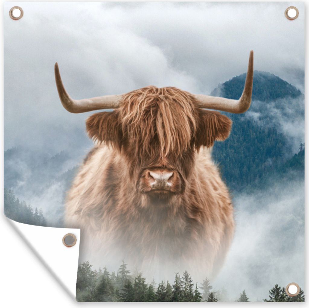 MuchoWow 50x50 cm Outdoor-Poster Gartendeko Sichtschutz Garten Poster für den Garten Schottischer Highlander - Nebel - Berg