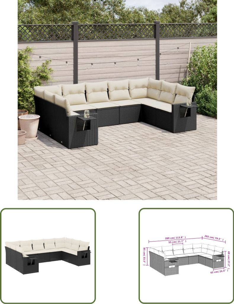 The Living Store 9-tlg. Garten-Sofagarnitur mit Kissen Schwarz Poly Rattan