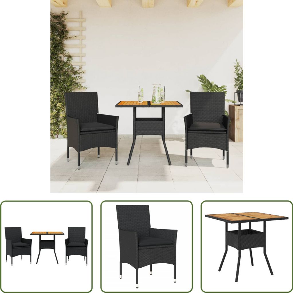 The Living Store 3-tlg. Garten-Essgruppe mit Kissen Schwarz Poly Rattan Akazie
