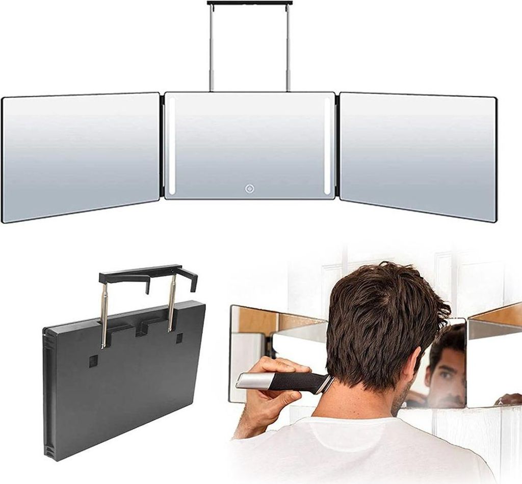 A collage of images showing a tri-fold LED makeup mirror, a close-up of the mirror's mounting mechanism, and a person using the mirror to trim their hair.