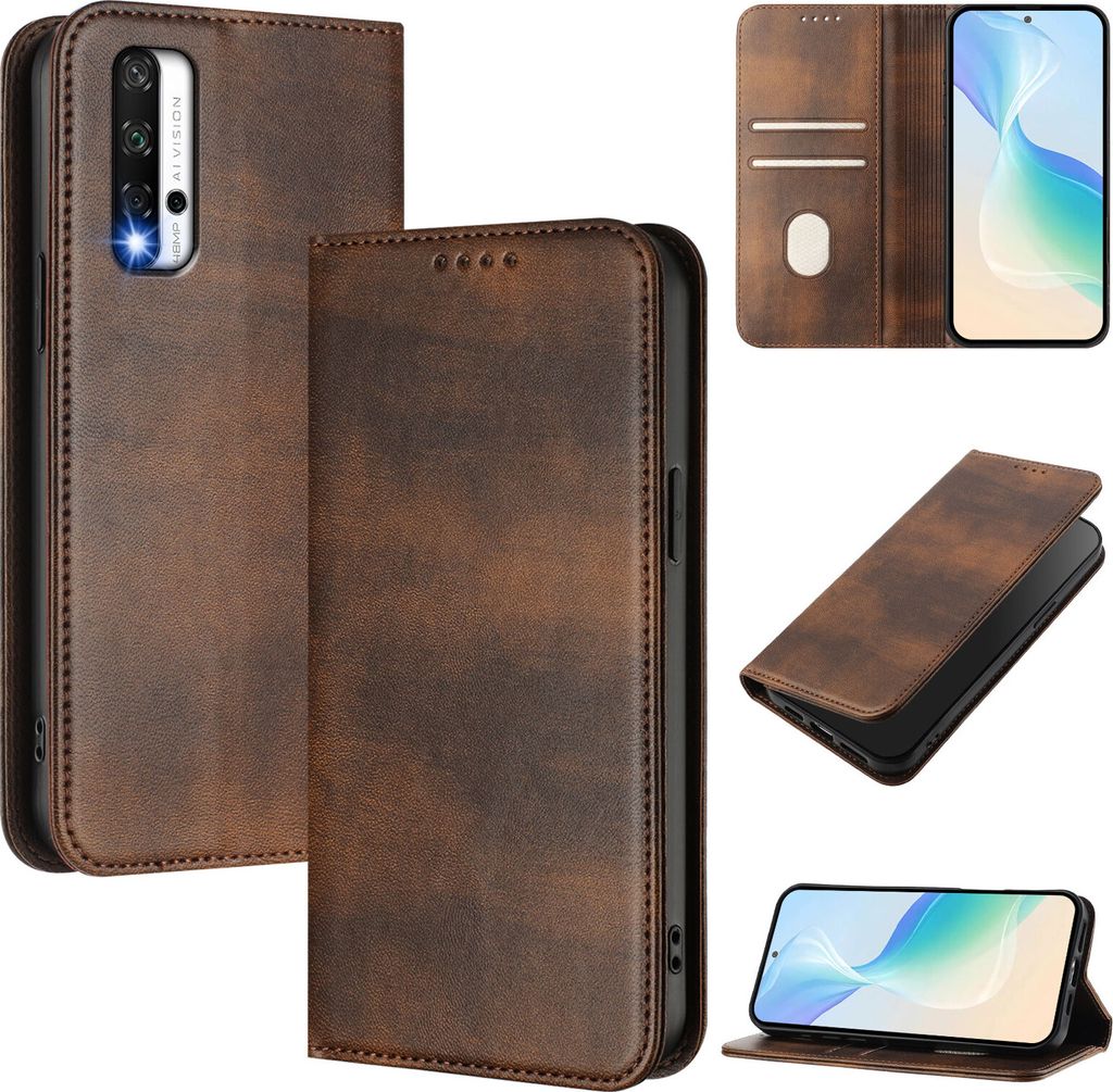 Handyhülle für Honor 20/Honor 20 Pro, Vintage Leder RFID Schutz Kartenfach Standfunktion Magnetische Klapphülle Braun