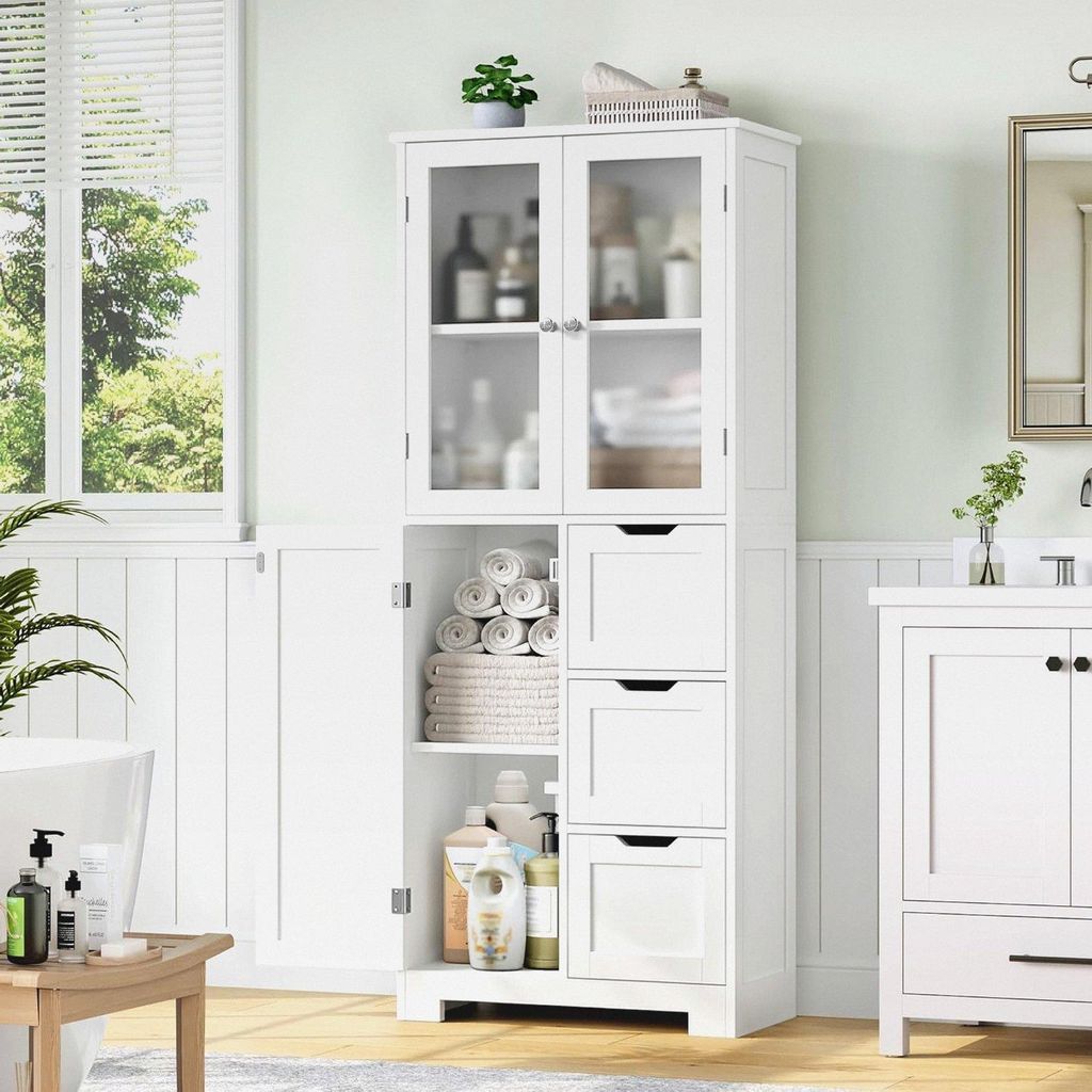 Badezimmerschrank Hoch, Badschrank Hochschrank mit 3 Türen und 3 Schubladen, Küchenschrank Hoch für Wohnzimmer Küche Esszimmer Büro, 143.2X 60...