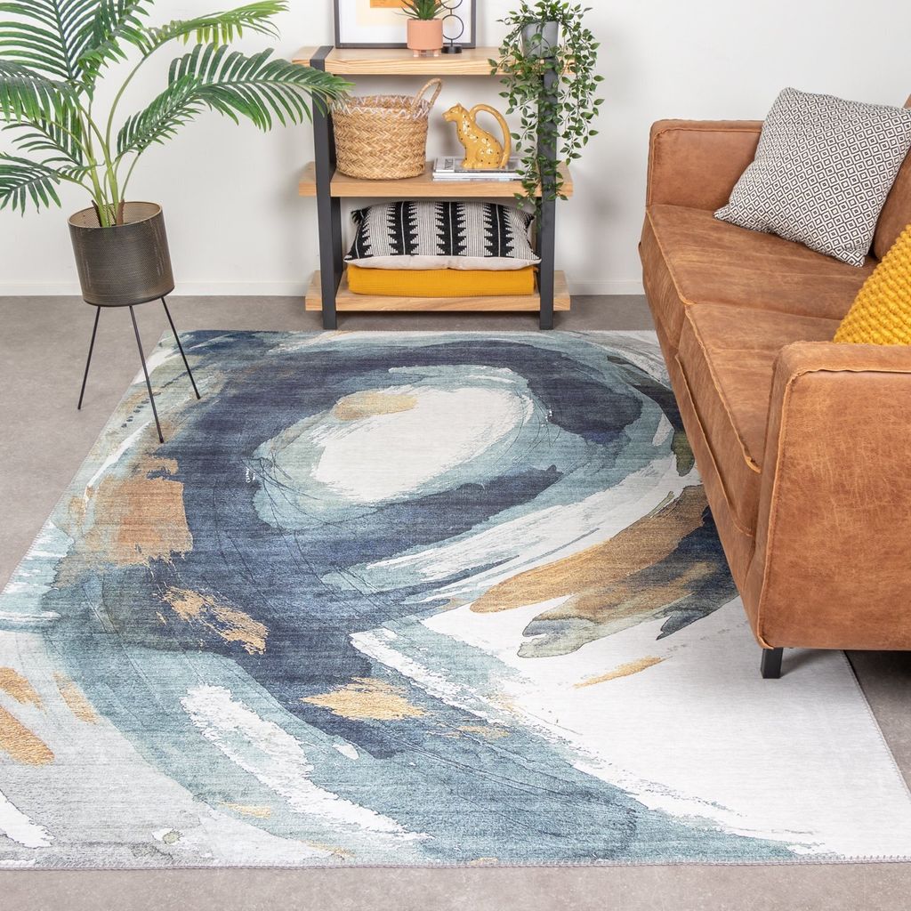 Volero - Moderner Teppich - Strong Brush Blau Gelb - 140x200 cm - Wohnzimmer, Esszimmer, Schlafzimmer - Industrielle, Modern