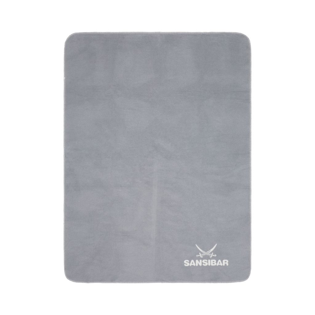 A gray blanket is shown flat against a white background.