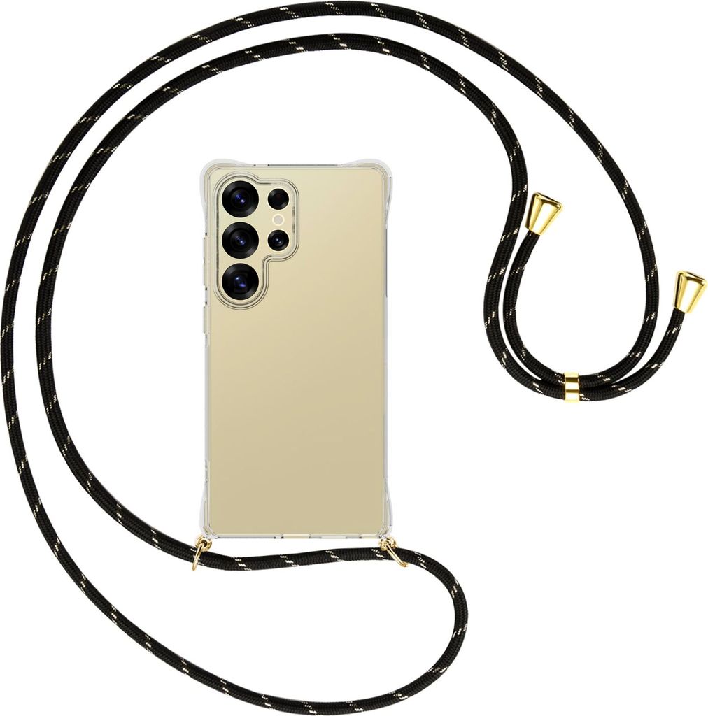 Handykette Backcover-Schutzhülle mit Band (Metall goldfarben) für Samsung S25 Ultra - schwarz/gold