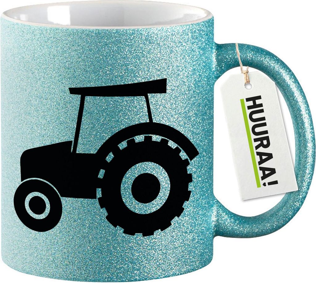 Huuraa Glitzertasse Trecker Traktor 330ml Blau Keramik Kaffeebecher Geschenkidee