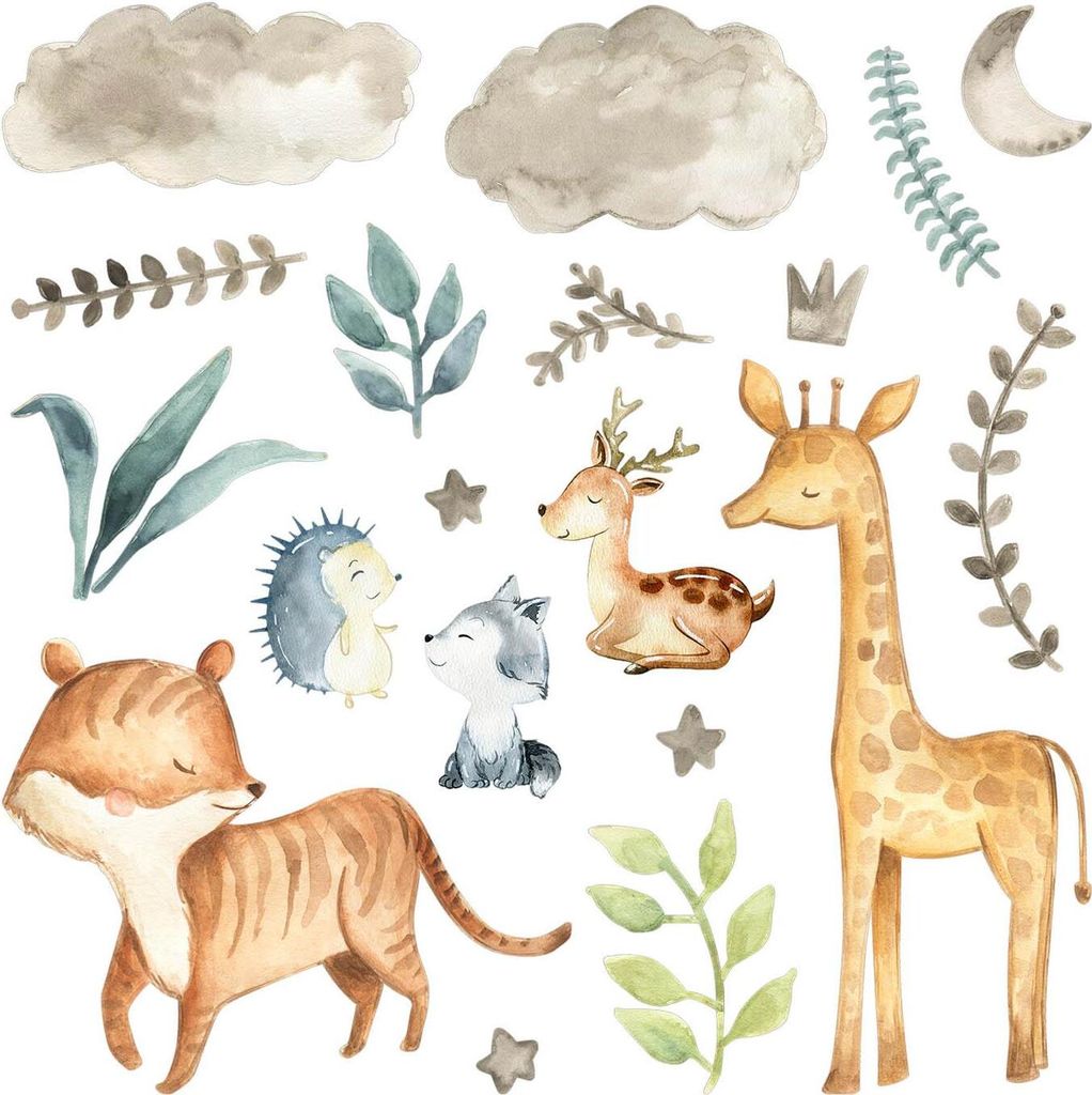 Naturtiere– Wanddekor Kinderzimmer – Selbstklebende Wandsticker – Motivtapeten Set – Wandgestaltung – Wandbilder Kinder – 100x168 cm