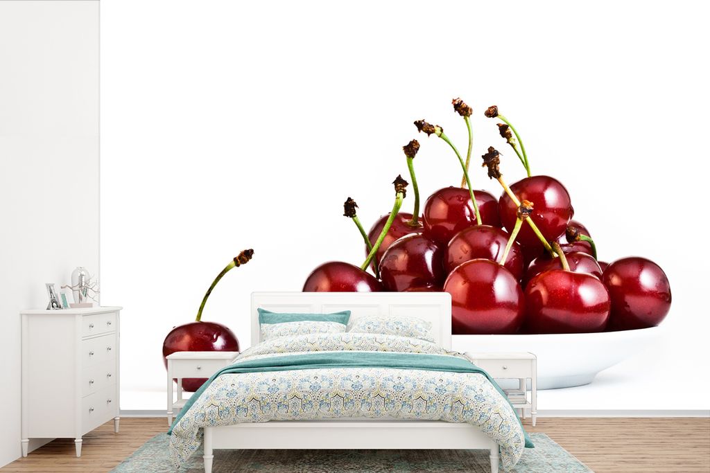 MuchoWow Fototapete für Wohnzimmer oder Schlafzimmer Wandtapete Vinyl Motivtapete Kirsche - Schale - Weiß - 330x220 cm - Fototapeten