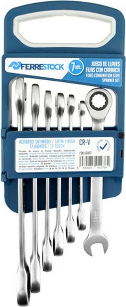 Ferrestock FSKLLG007 set de 7 feste Knarrenschlüssel, aus Chrom-Vanadium de hochwertig, satiniert, Ratsche de 72 Zähne, inkl. Halter