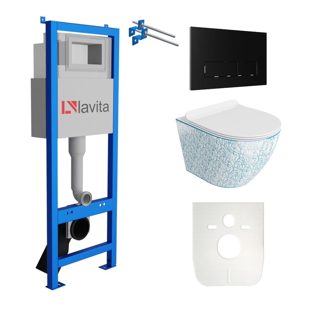 Lavita LAV 101 Vorwandelement für WC 40cm + Wand Hänge Tiefspül WC SOFI SLIM KRESZ Weiß/Blau Spülrandlos + Bedienplatte LAV 200.3.4 Schwarz | ...