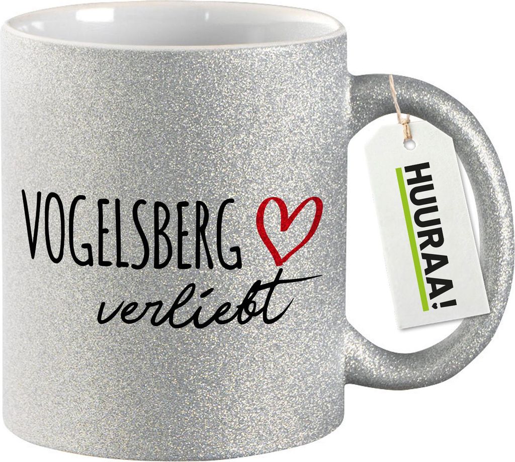Huuraa Glitzertasse Vogelsberg verliebt 330ml Silber Keramik Kaffeebecher Geschenkidee