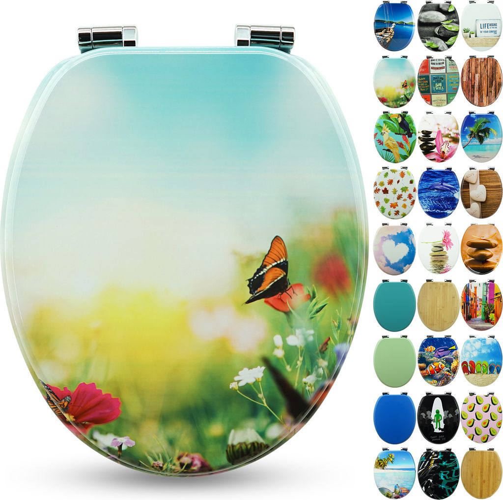 Sanfino Premium WC Sitz "Butterfy Meadow" hochwertiger Toilettendeckel mit Absenkautomatik aus Holz, viele bunte Motive, einfache Montage