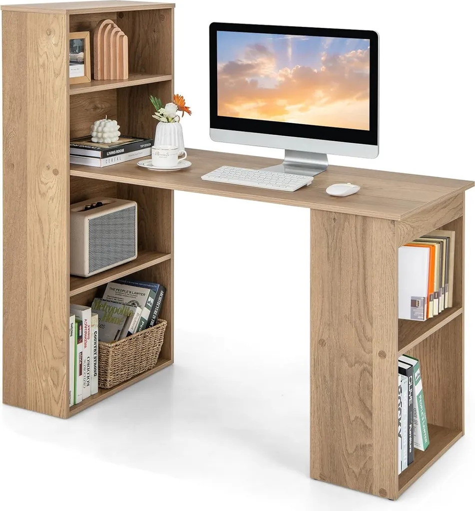 COSTWAY Scrivania con Libreria 6 Ripiani Naturale 122x56x122 cm per PC