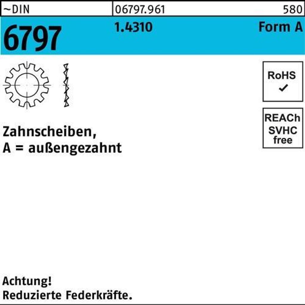 Zahnscheibe DIN 6797 Form A außengezahnt A 6,4 1.4310