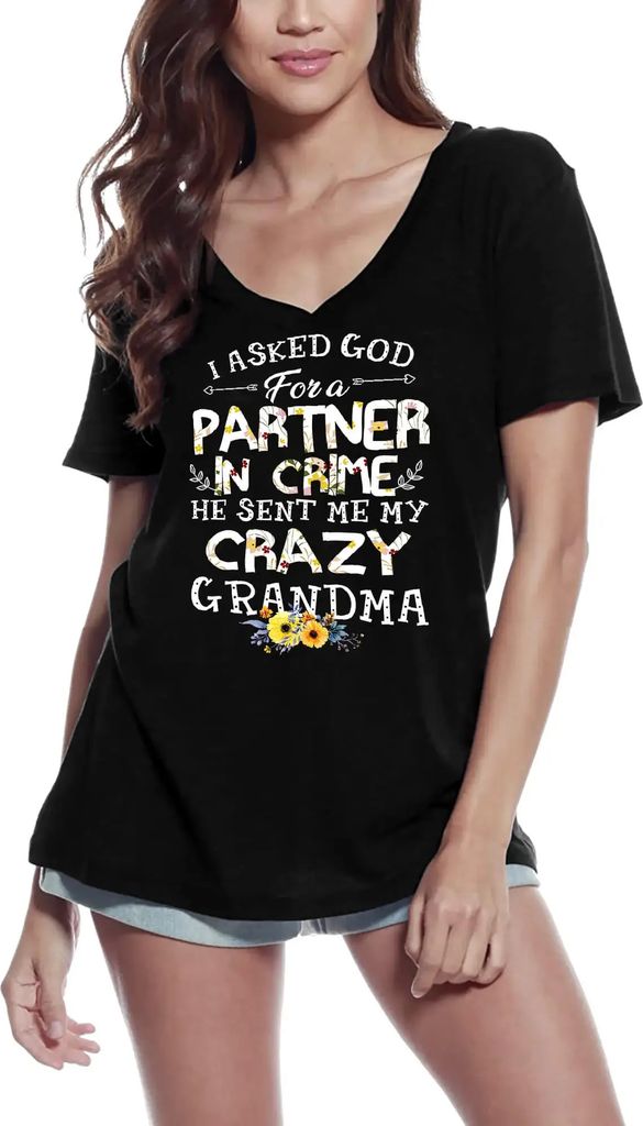 Damen Grafik T-Shirt V-Ausschnitt Ich bat Gott um einen Komplizen und er schickte mir meine verrückte Oma - Oma Oma – I Asked God For Partner In...