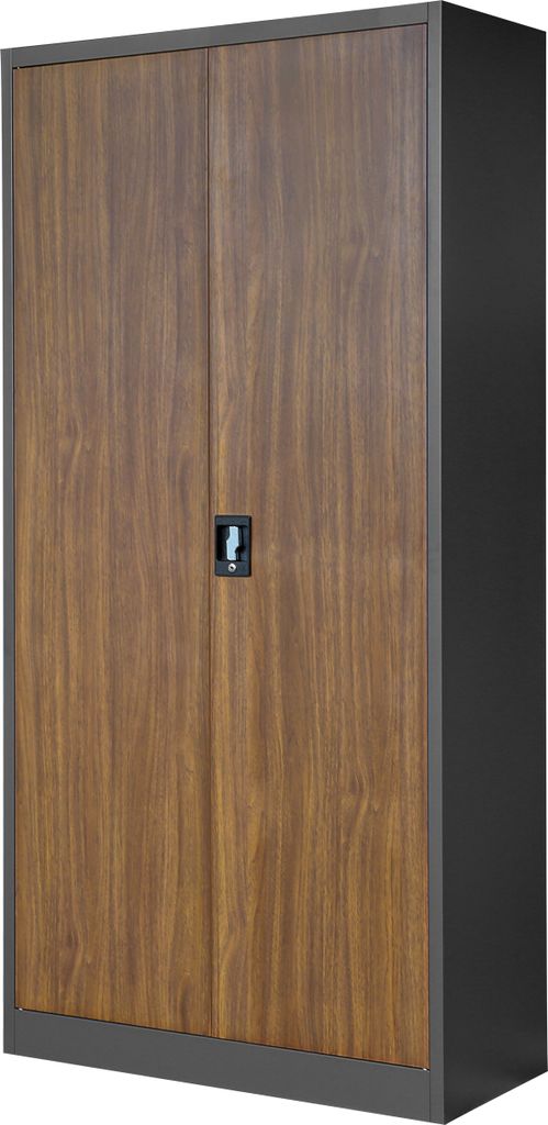 A tall, two-door cabinet with a wood-grain finish on the doors and a dark gray frame.