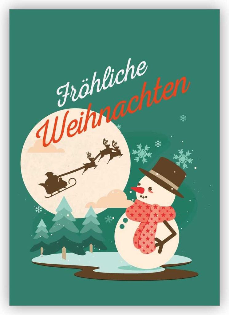 4x Klassische Retro Weihnachtskarte mit Vintage Schneemann und fliegendem Weihnachtsmann Schlitten: Fröhliche Weihnachten