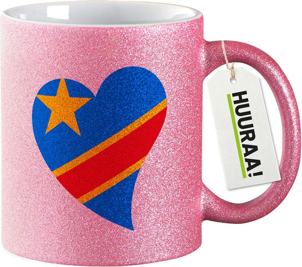 Huuraa Glitzertasse Kongo Flagge Herz 330ml Pink Keramik Kaffeebecher Geschenkidee