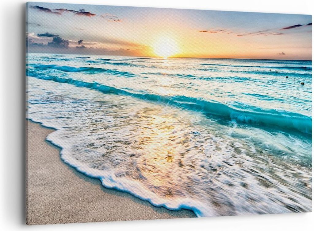 Bild auf Leinwand - Leinwandbild - Meer Welle Strand - 100x70cm - Wand Bild - Wanddeko - Wandbilder - Leinwanddruck - Bilder - Kunstdruck - Wanddek...