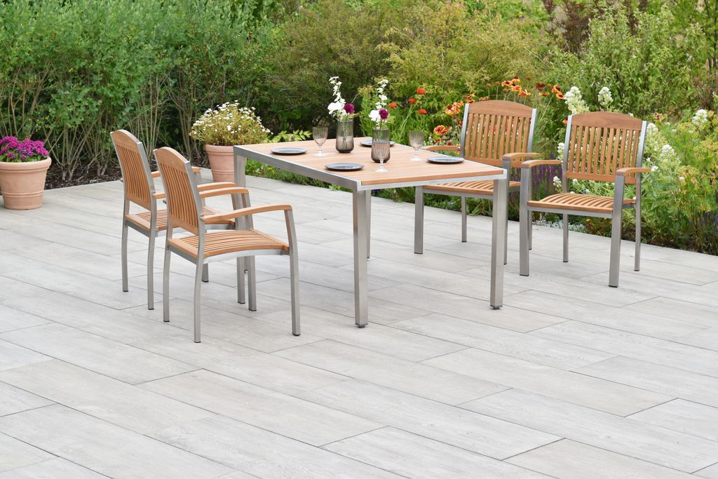 Merxx Gartenmöbelset "Keros" 5tlg. mit Tisch 150 x 90 cm - Edelstahlgestell mit Akazienholz