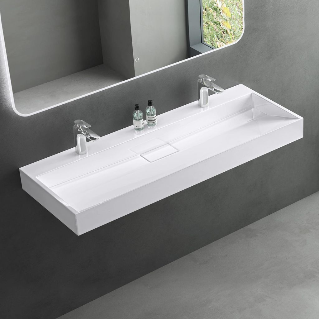 Mai & Mai Waschbecken Aufsatzwaschbecken weiß Hänge-Waschtisch Rechteckig 2 Armaturenloch Breite: 120cm inkl. Ablaufgarnitur Col19