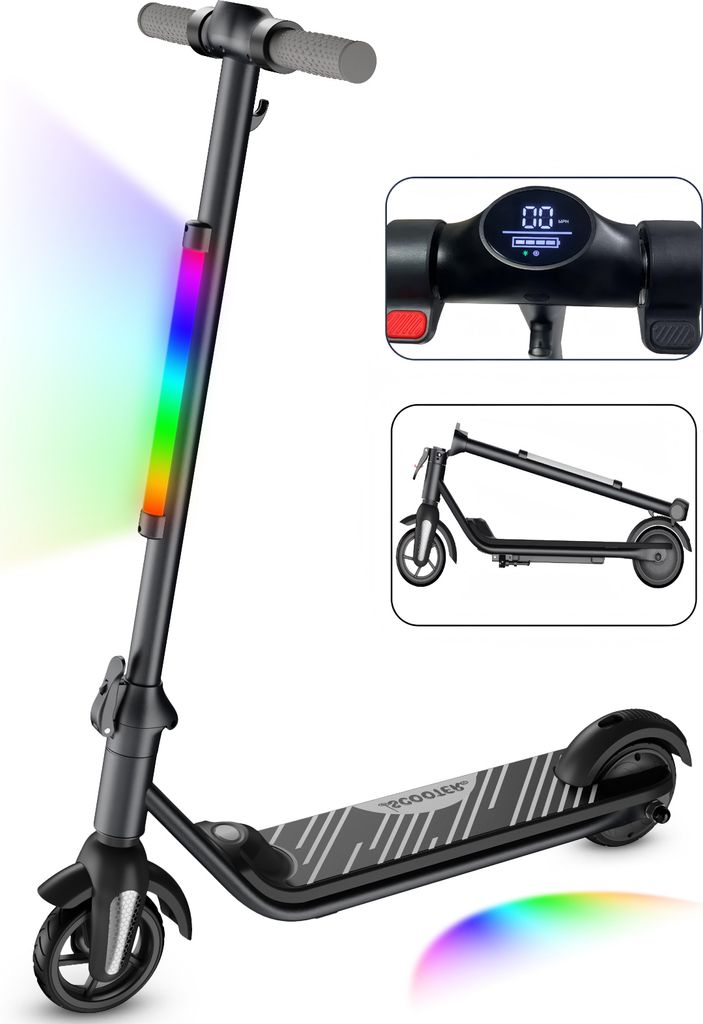 Elektroroller KXQ-EPRO E-Scooter Für Kinder 6-12 Jahren- Faltbar- LCD-Anzeige- Reichweite 8km- Max. 12km/h- Bunte Neonlichter- Elektroscooter Schwarz