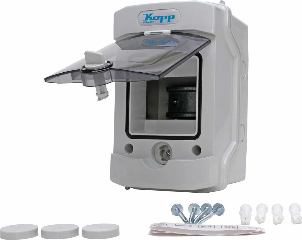 KOPP Aufputz-Feuchtraum-Verteilerkasten N4D, IP65, mit Tür, 1-reihig, 4 Pole