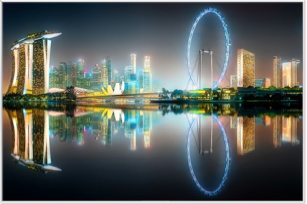 Wallario Wandbild Singapur bei Nacht, Größe: 61 x 91,50 cm, Poster mit weißem Aluminiumrahmen