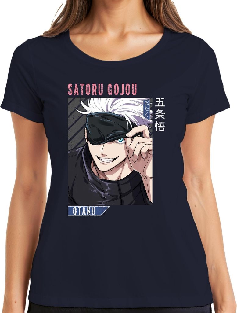 Satoru Gojou Jujutsu Kaisen Anime Otaku Augenbinde weiße Haare Damen T-Shirt, Navy, L