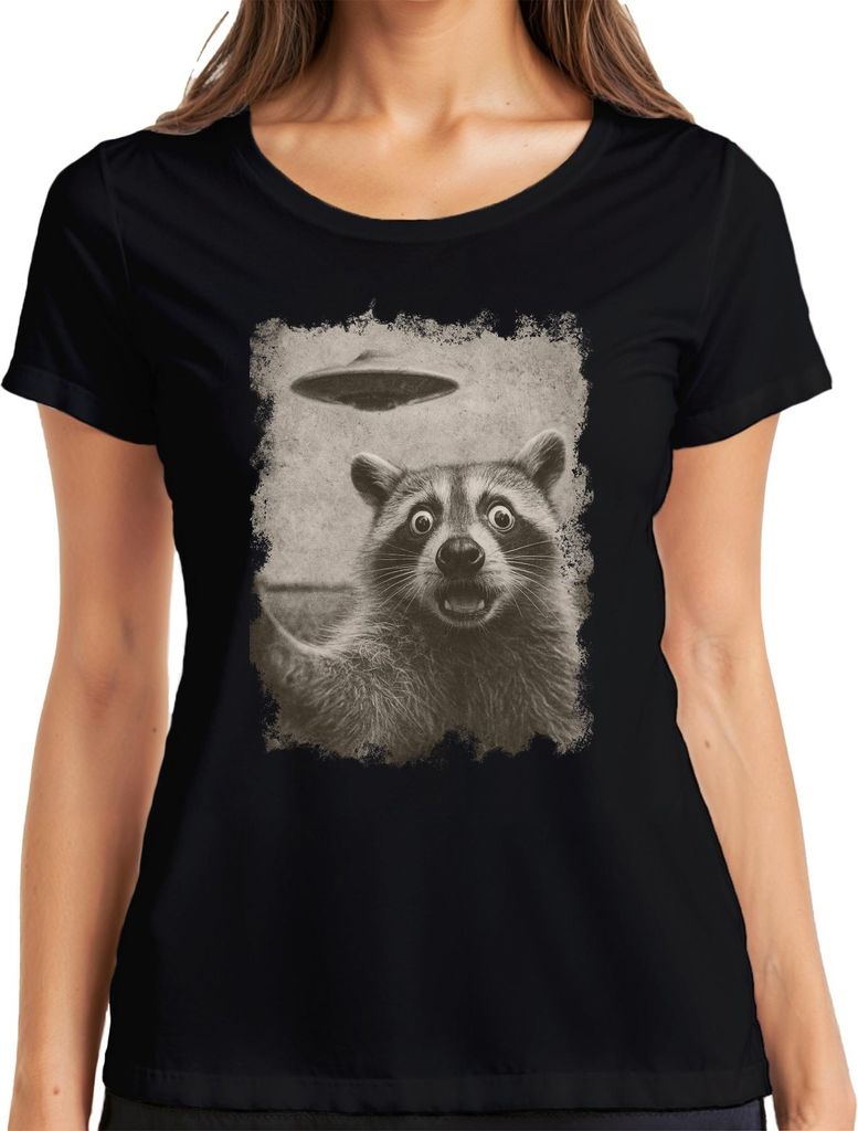 Waschbär UFO Vintage retro Alien lustig SciFi Weltraum sepia Damen T-Shirt, Schwarz, S