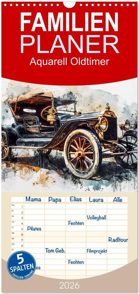 Familienplaner 2026 - Aquarell Oldtimer mit 5 Spalten (Wandkalender, 21 x 45 cm) CALVENDO