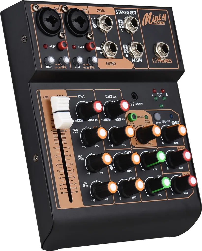 Console DJ portable 4 voies avec alimentation fantôme 48V et port USB