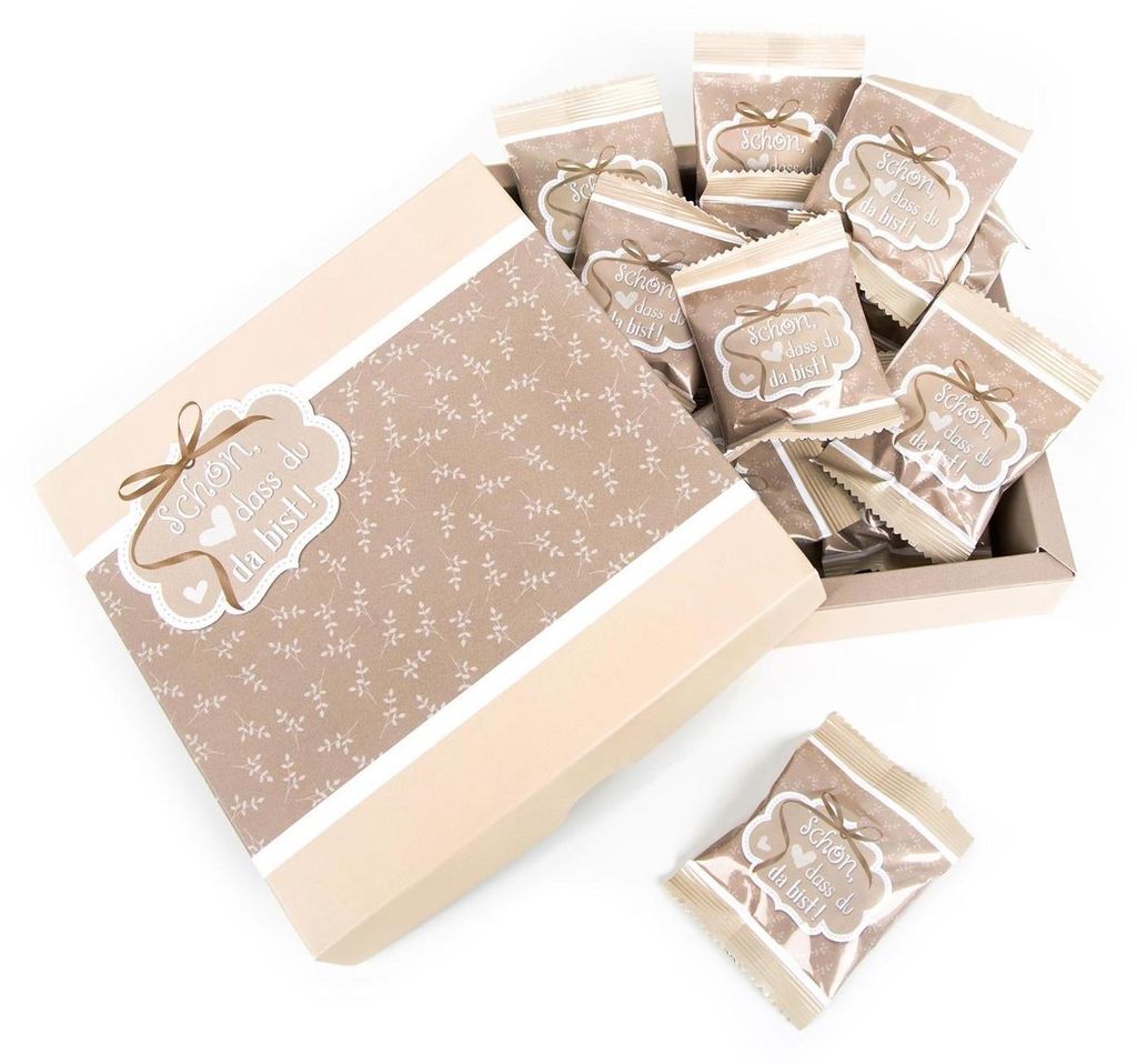 1 Geschenkkarton SCHÖN DASS DU DA BIST Herz beige creme-farben weiß hell-braun natur MIT 25 mini-Tüten Gummibärchen Fruchtgummi Füllung Inhalt...